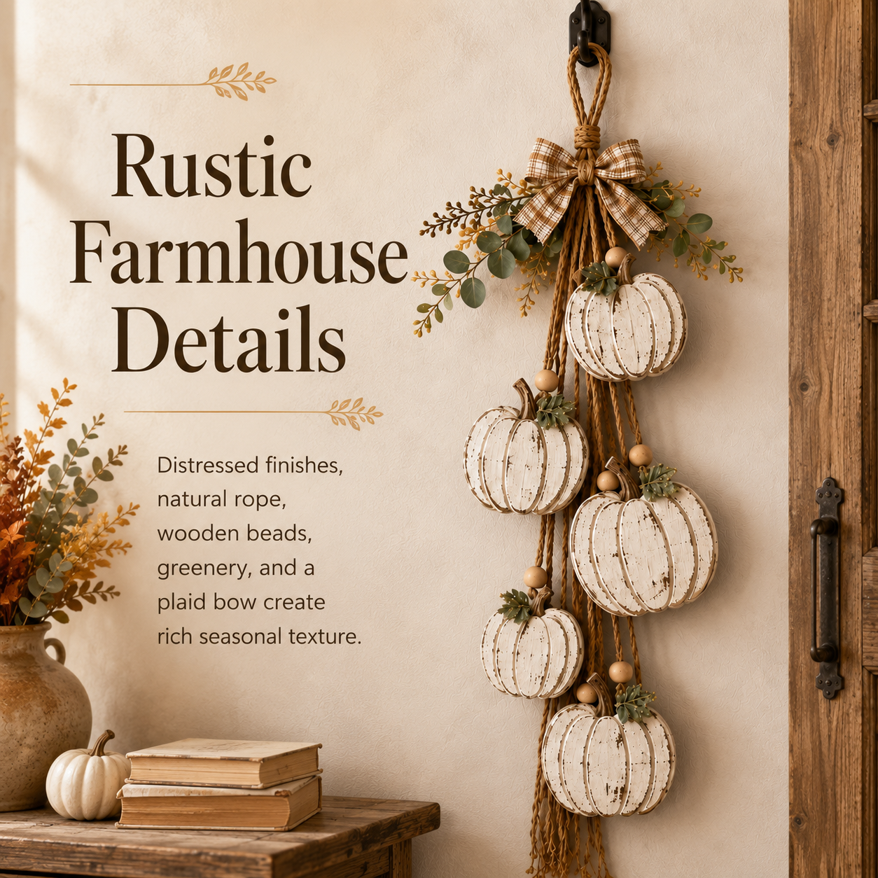 5-Pumpkin Rustic White Hanging Swag – Fall Door & Wall Decor