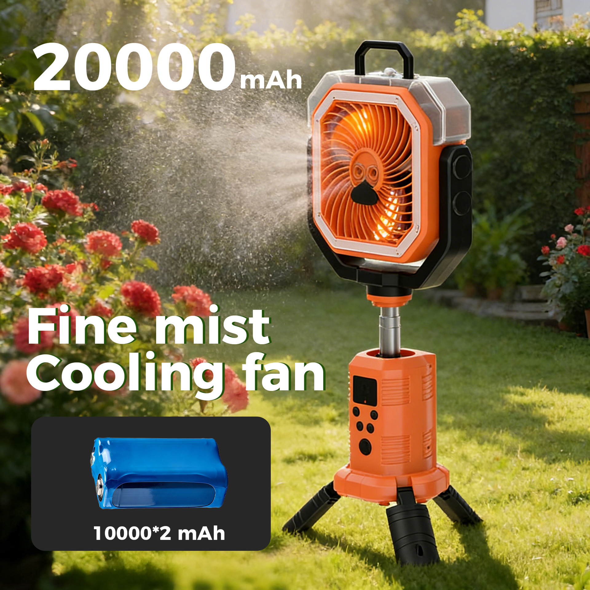 Portable Cordless Misting Fan with Digital Display, 20,000mAh Rechargeable Battery, Telescopic Tripod Stand for Camping & Outdoor Use
