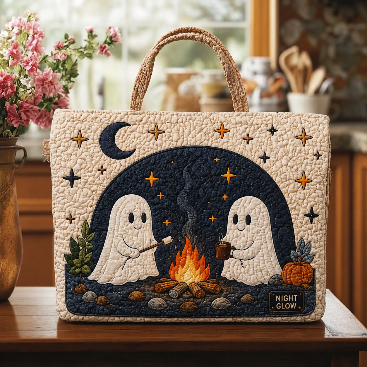 Halloween Night Glow Ghost Quilted Tote Bag