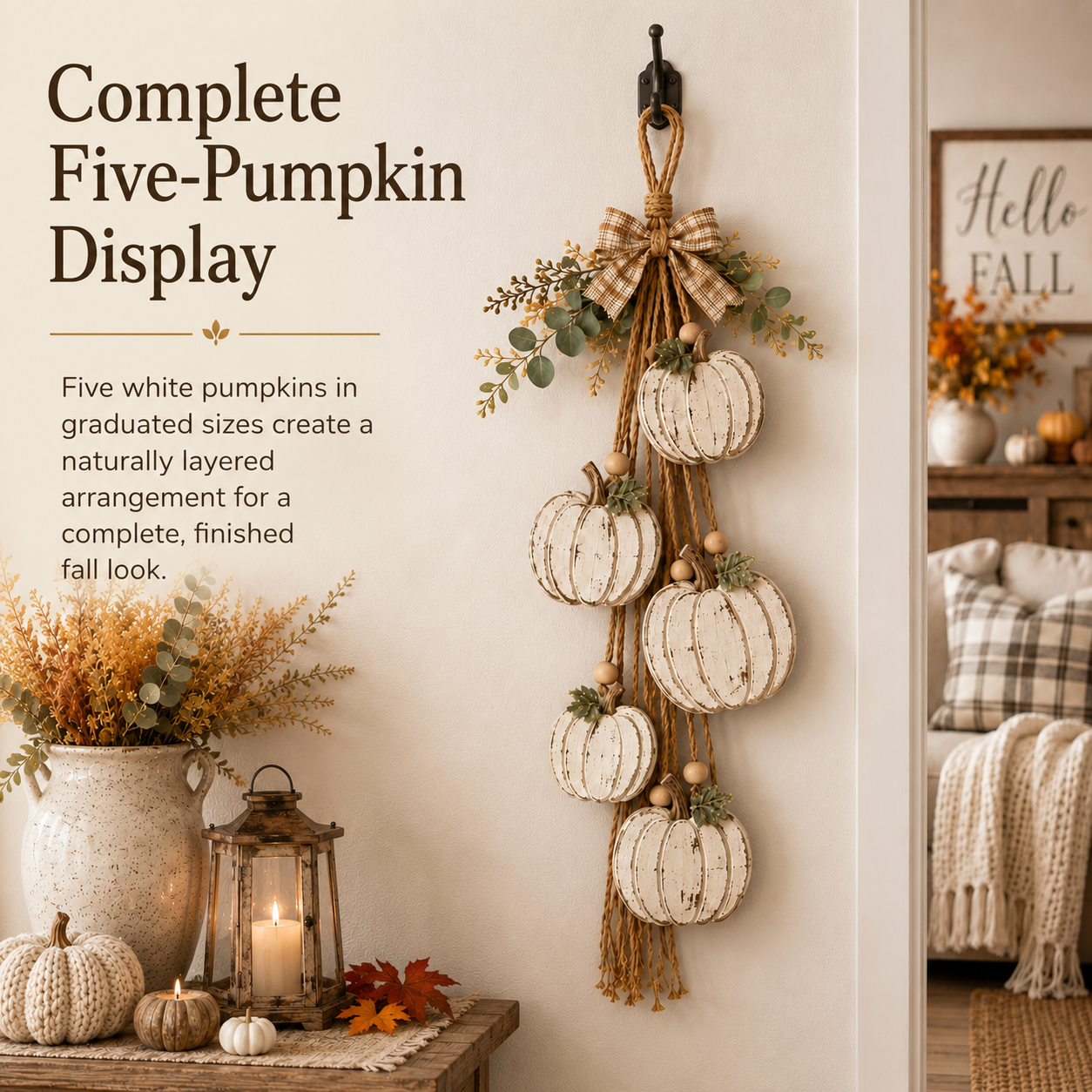 5-Pumpkin Rustic White Hanging Swag – Fall Door & Wall Decor