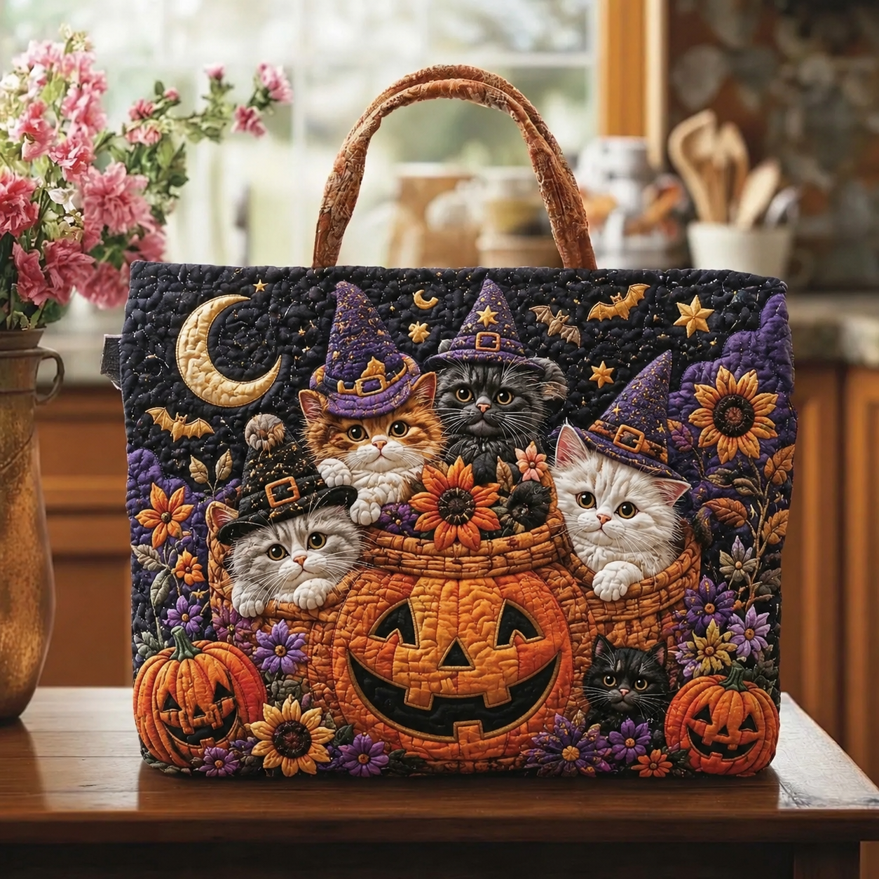 Halloween Witch Cats Quilted Tote Bag