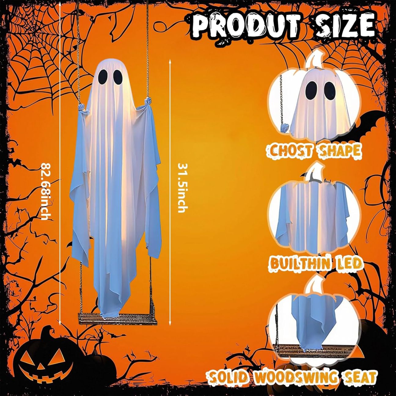 🔥Halloween Decorations Outdoor Hanging Swing Ghost Halloween Decor with String Lights, Spooky Cute Ghosts Decorations for Front Porch Yard Tree
