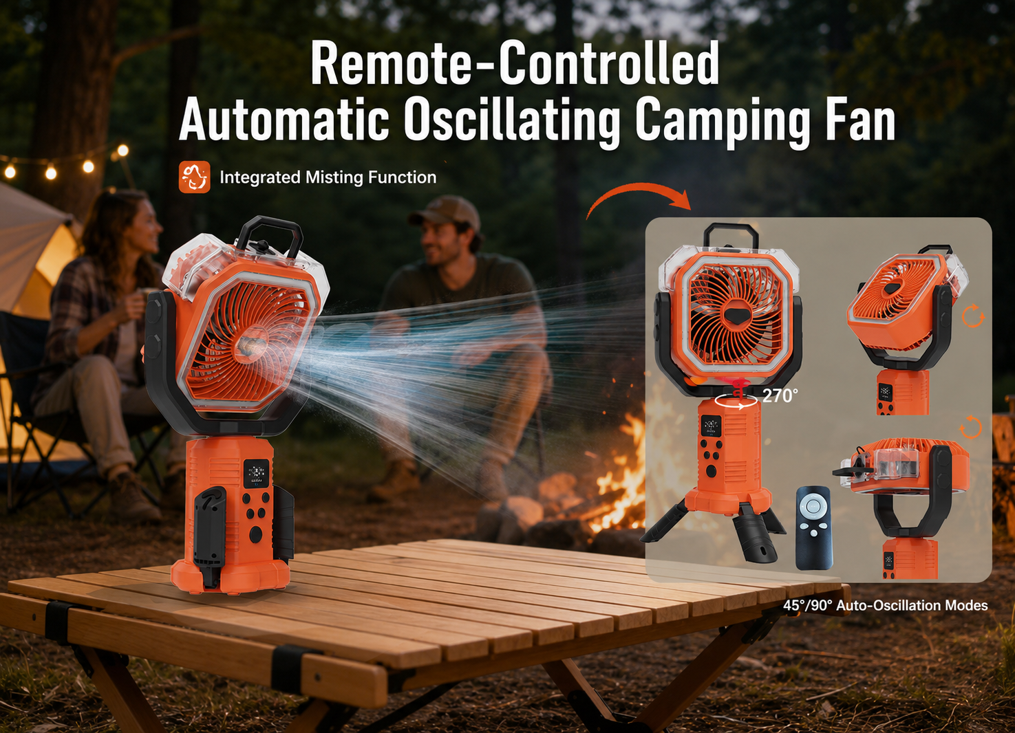 Portable Cordless Misting Fan with Digital Display, 20,000mAh Rechargeable Battery, Telescopic Tripod Stand for Camping & Outdoor Use