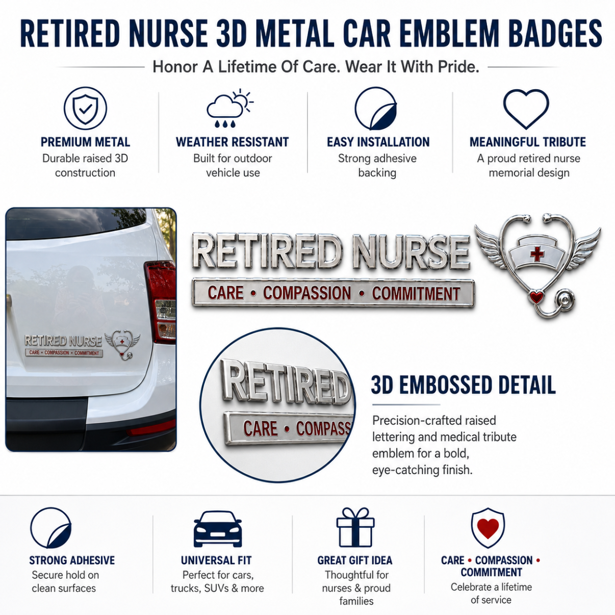 🩺 Retired Nurse Care Compassion Commitment Metal Car Emblem Badge