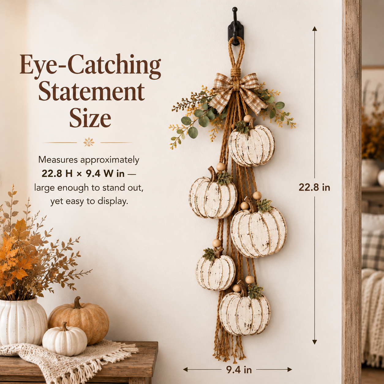 5-Pumpkin Rustic White Hanging Swag – Fall Door & Wall Decor