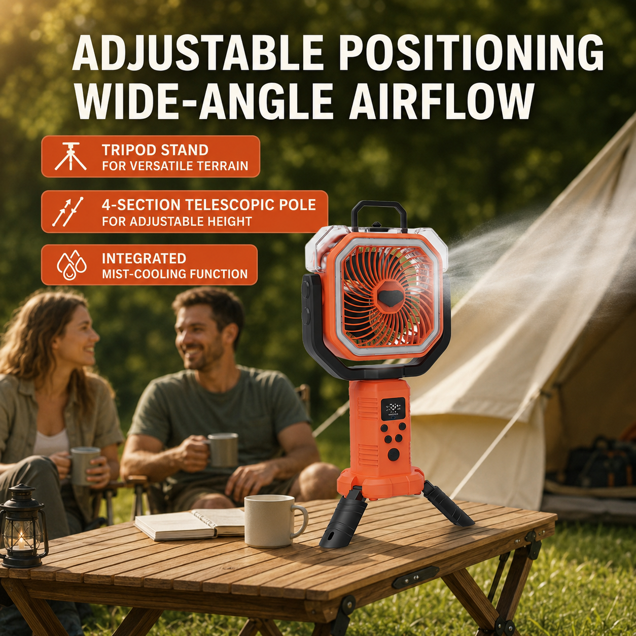 Portable Cordless Misting Fan with Digital Display, 20,000mAh Rechargeable Battery, Telescopic Tripod Stand for Camping & Outdoor Use