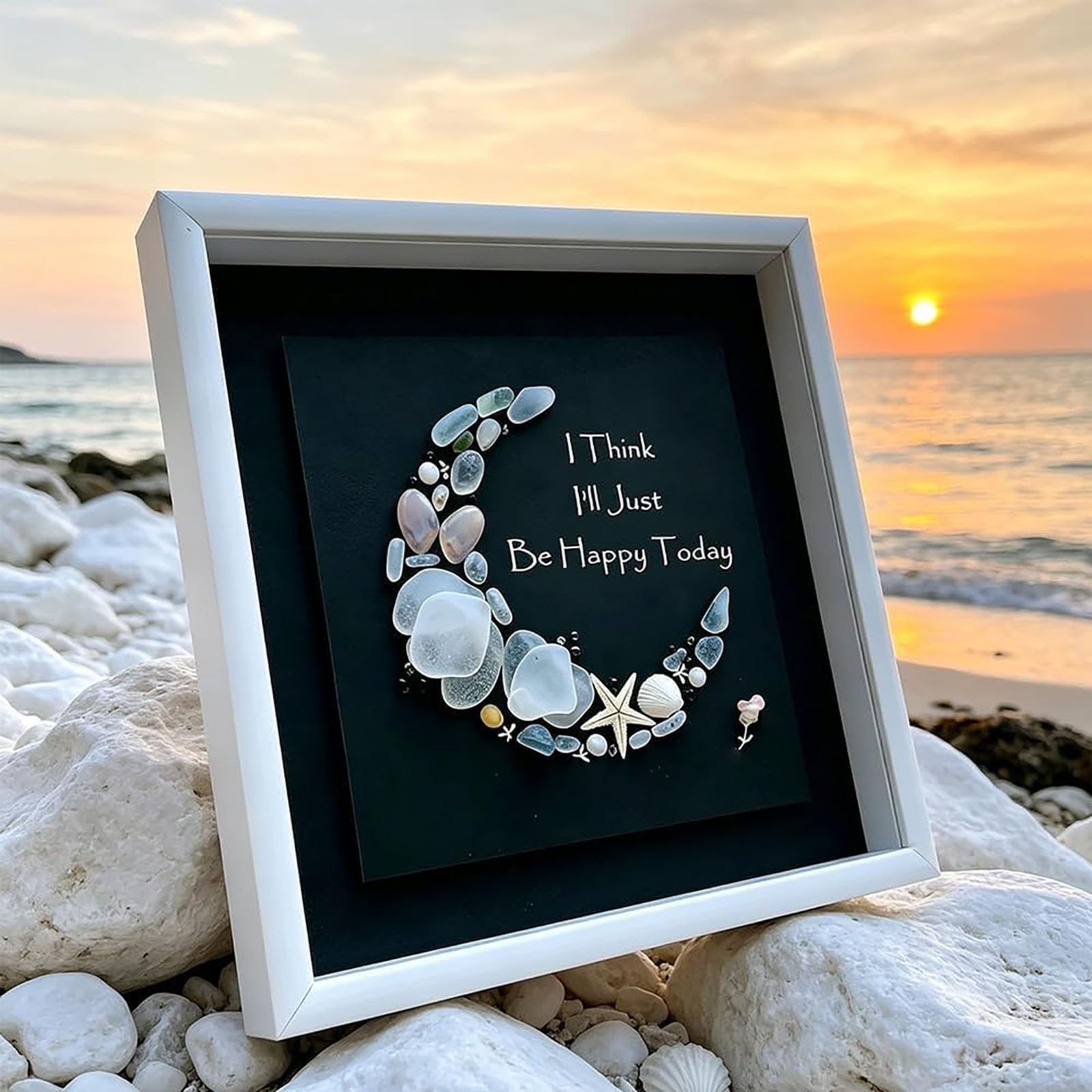 Just Be Happy Sea Glass Moon Art – A Healing Crescent Moon to Light Up Your Heart and Home