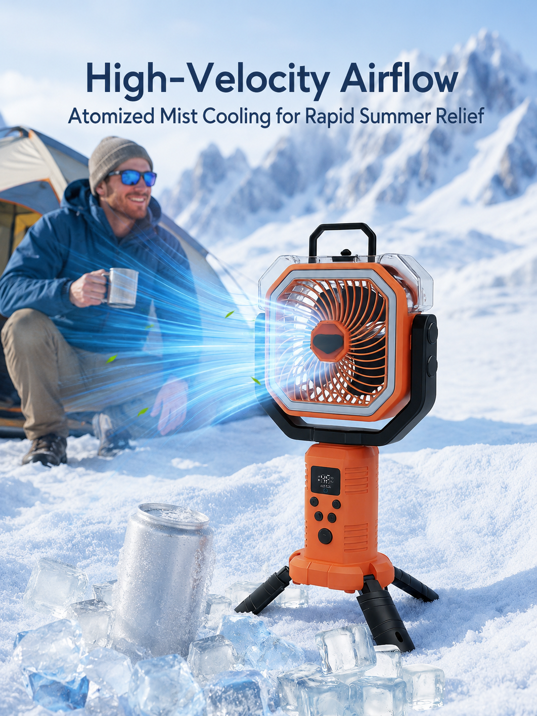 Portable Cordless Misting Fan with Digital Display, 20,000mAh Rechargeable Battery, Telescopic Tripod Stand for Camping & Outdoor Use