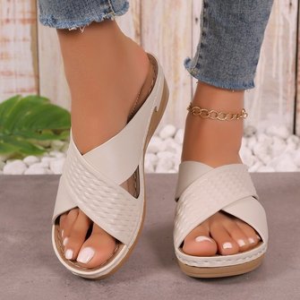 Hollow Cross Strap Thick-soled Sandals For Women Cross-border Velcro Solid Color Lightweight Wedge Heel Beach Sandals
