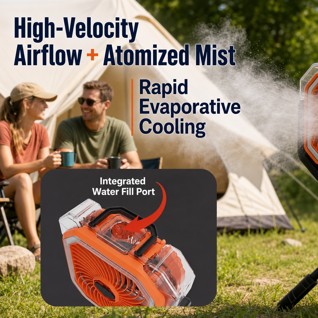Portable Cordless Misting Fan with Digital Display, 20,000mAh Rechargeable Battery, Telescopic Tripod Stand for Camping & Outdoor Use