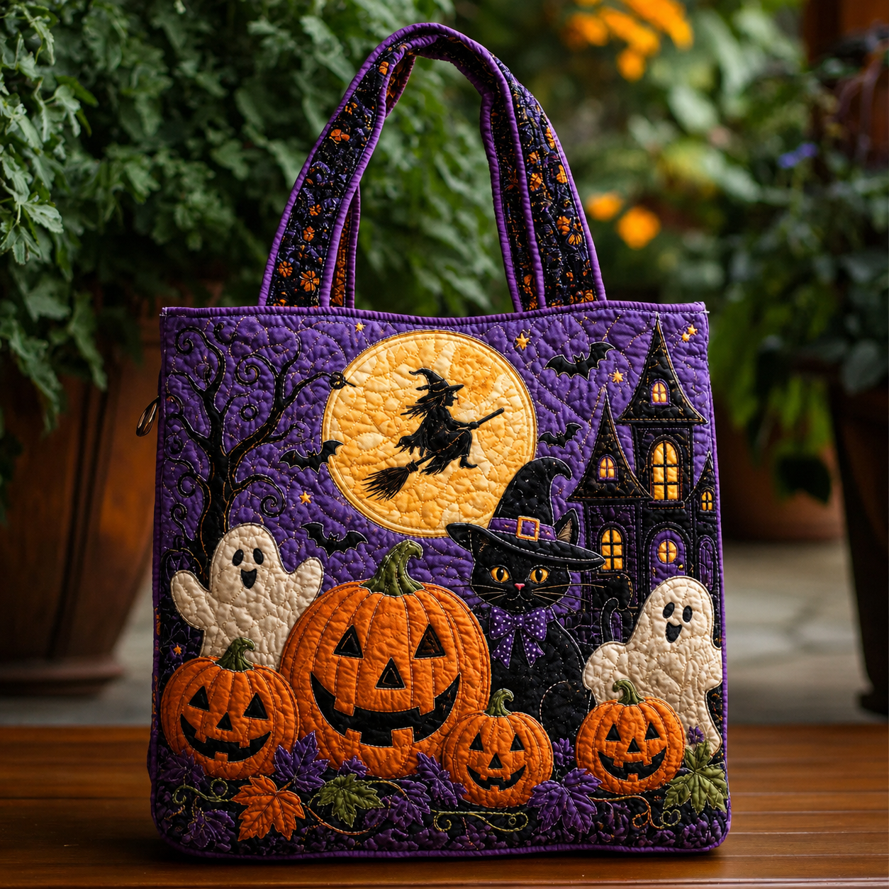Halloween Witch Cat  Purple Quilted Tote Bag