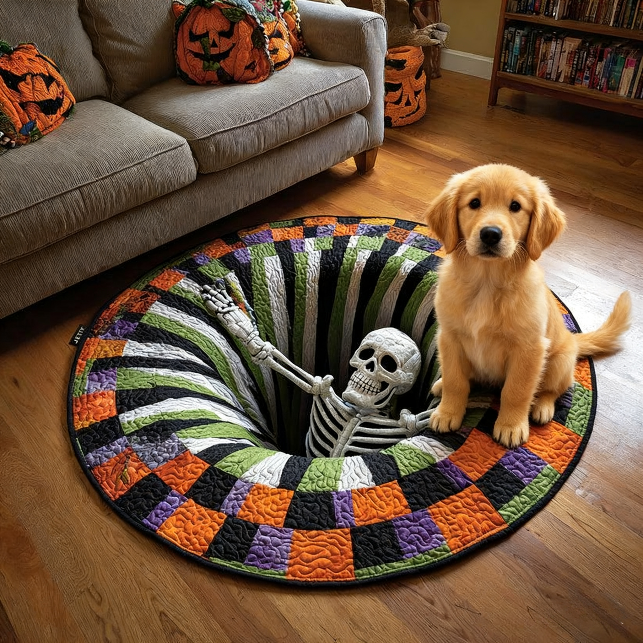 3D Skeleton Vortex Quilted Round Halloween Rug