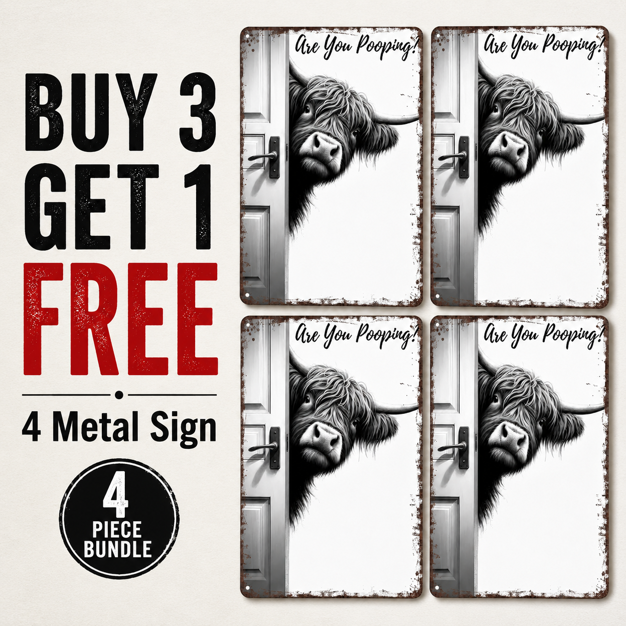 🐮 Vintage Highland Cow Metal Sign – Funny "Are You Pooping?" Wall Decor 🚽