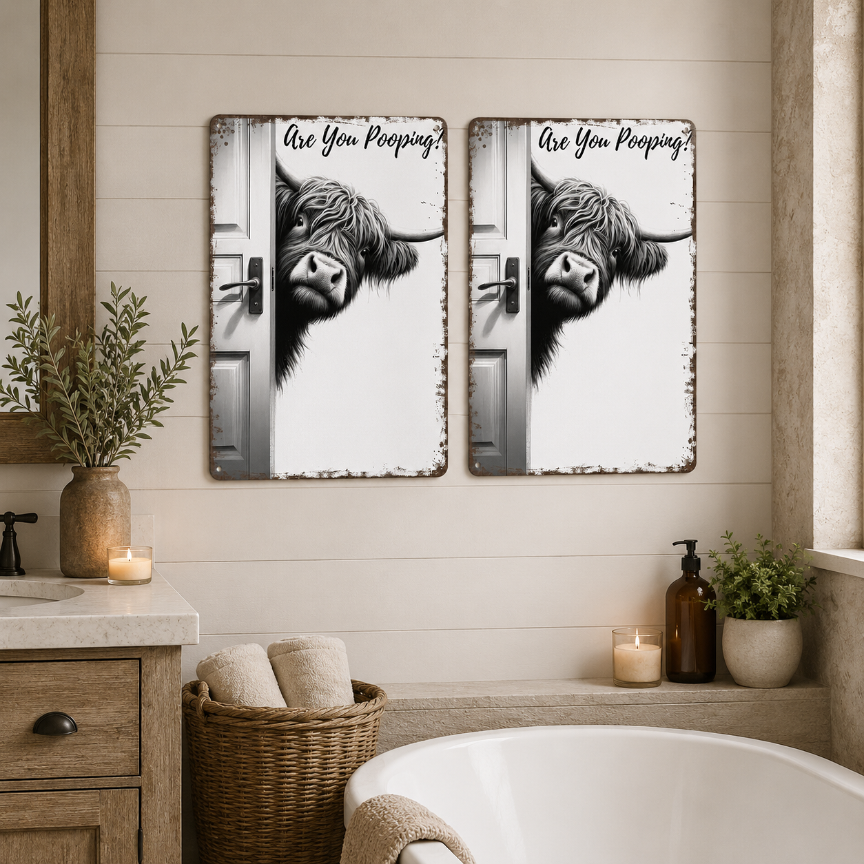 🐮 Vintage Highland Cow Metal Sign – Funny "Are You Pooping?" Wall Decor 🚽
