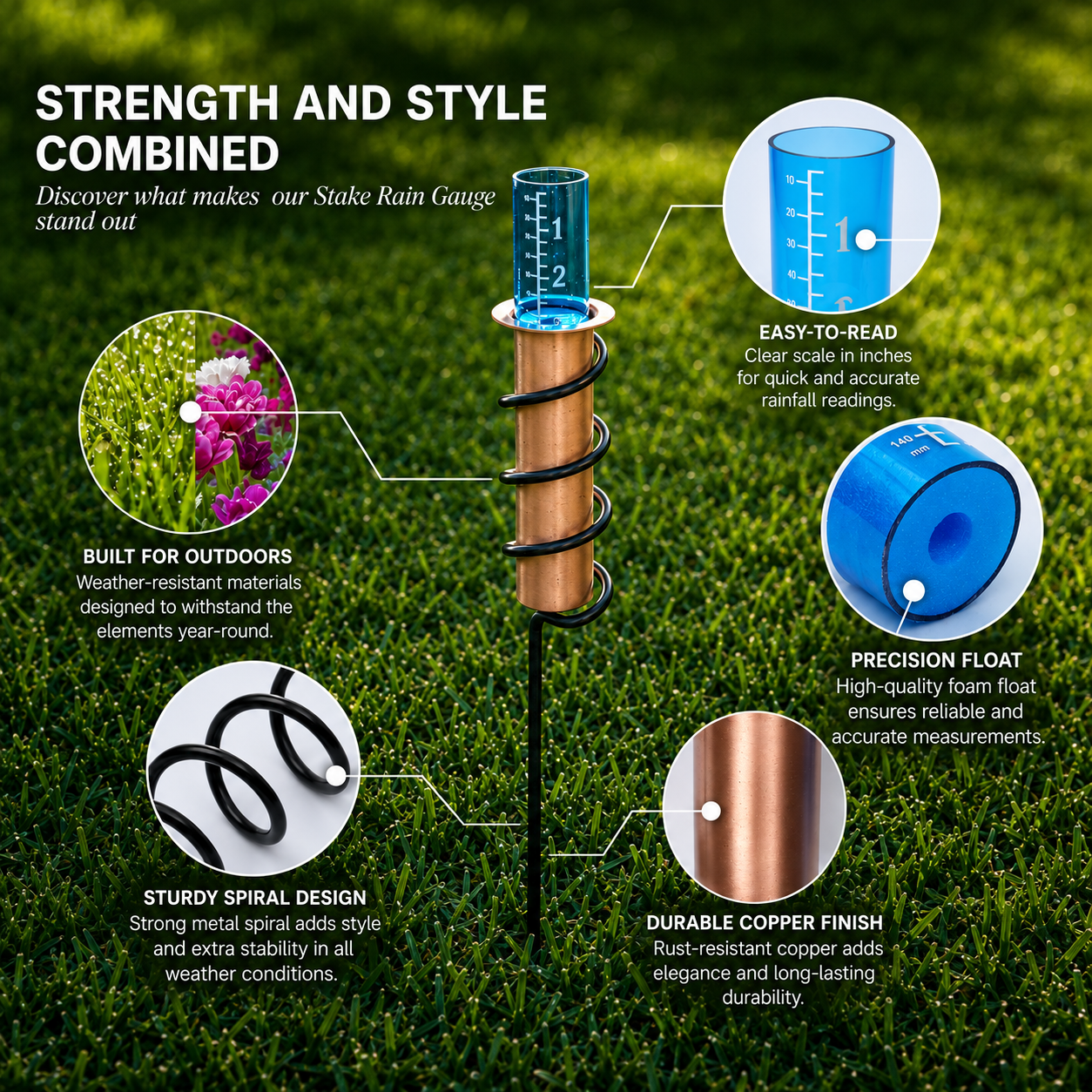 Solid Copper Floating Rain Gauge for Garden, Patio & Fence