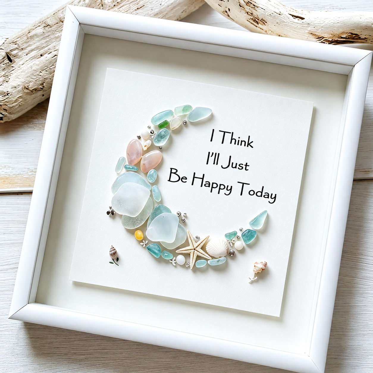 Just Be Happy Sea Glass Moon Art – A Healing Crescent Moon to Light Up Your Heart and Home