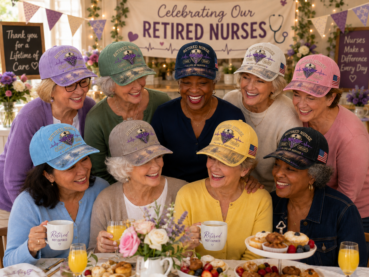 Retired nurses gathering together wearing different color options of the commemorative cap