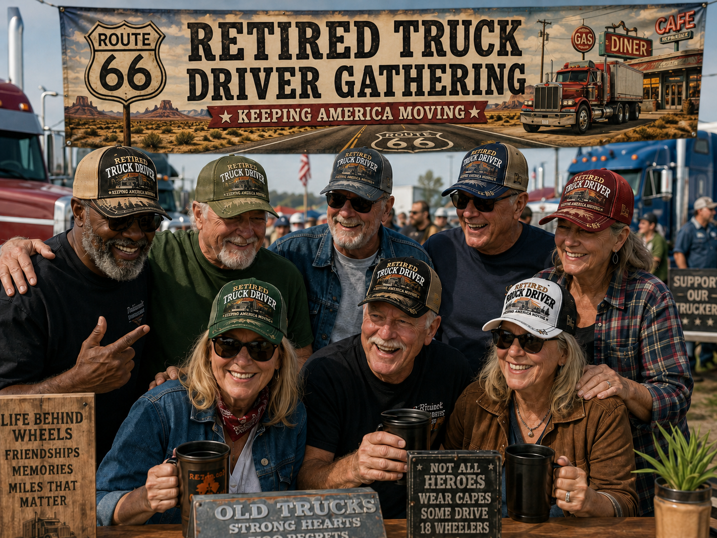 Retired Truck Driver Cap group gathering with Route 66 banner