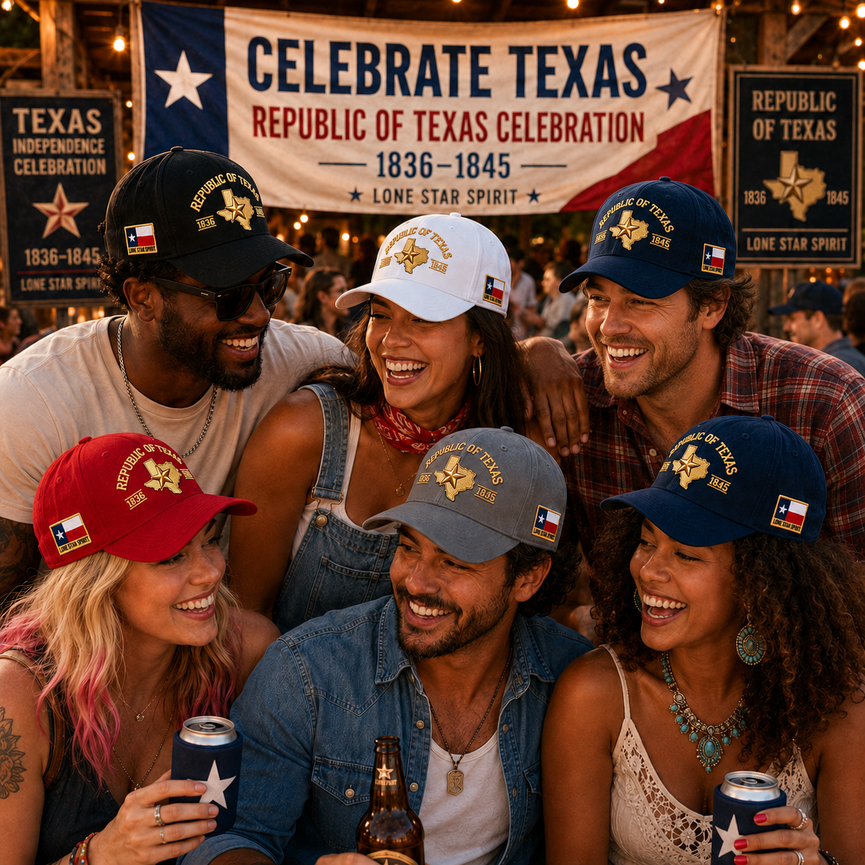 Texas Independence celebration with people wearing Republic of Texas embroidered hats