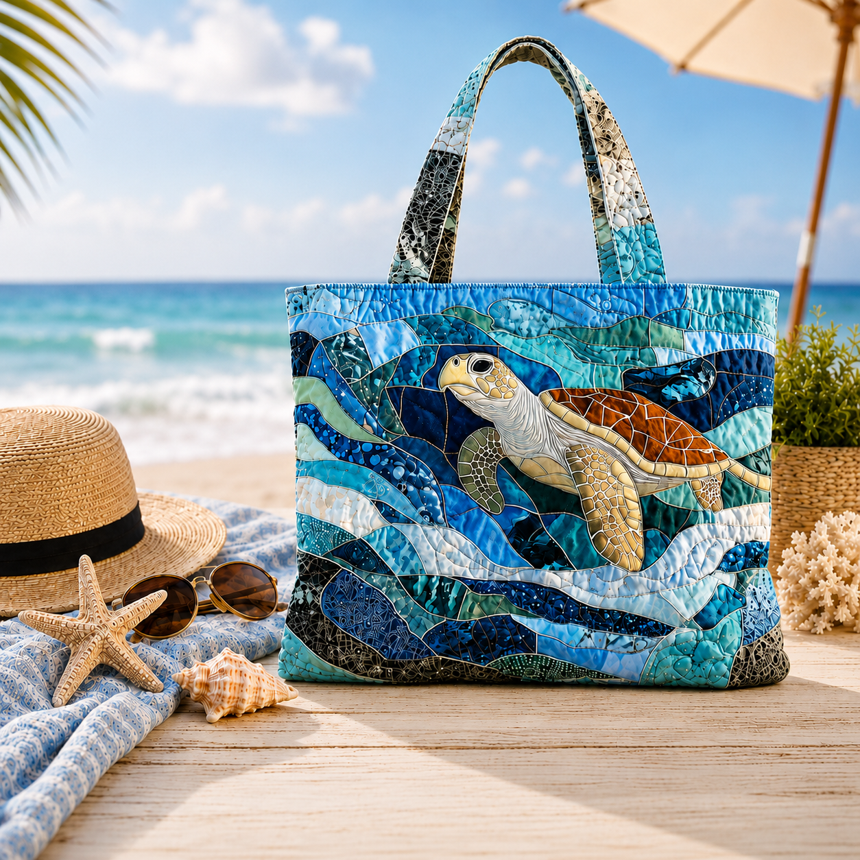  Ocean Turtle Haven Quilted Tote Bag