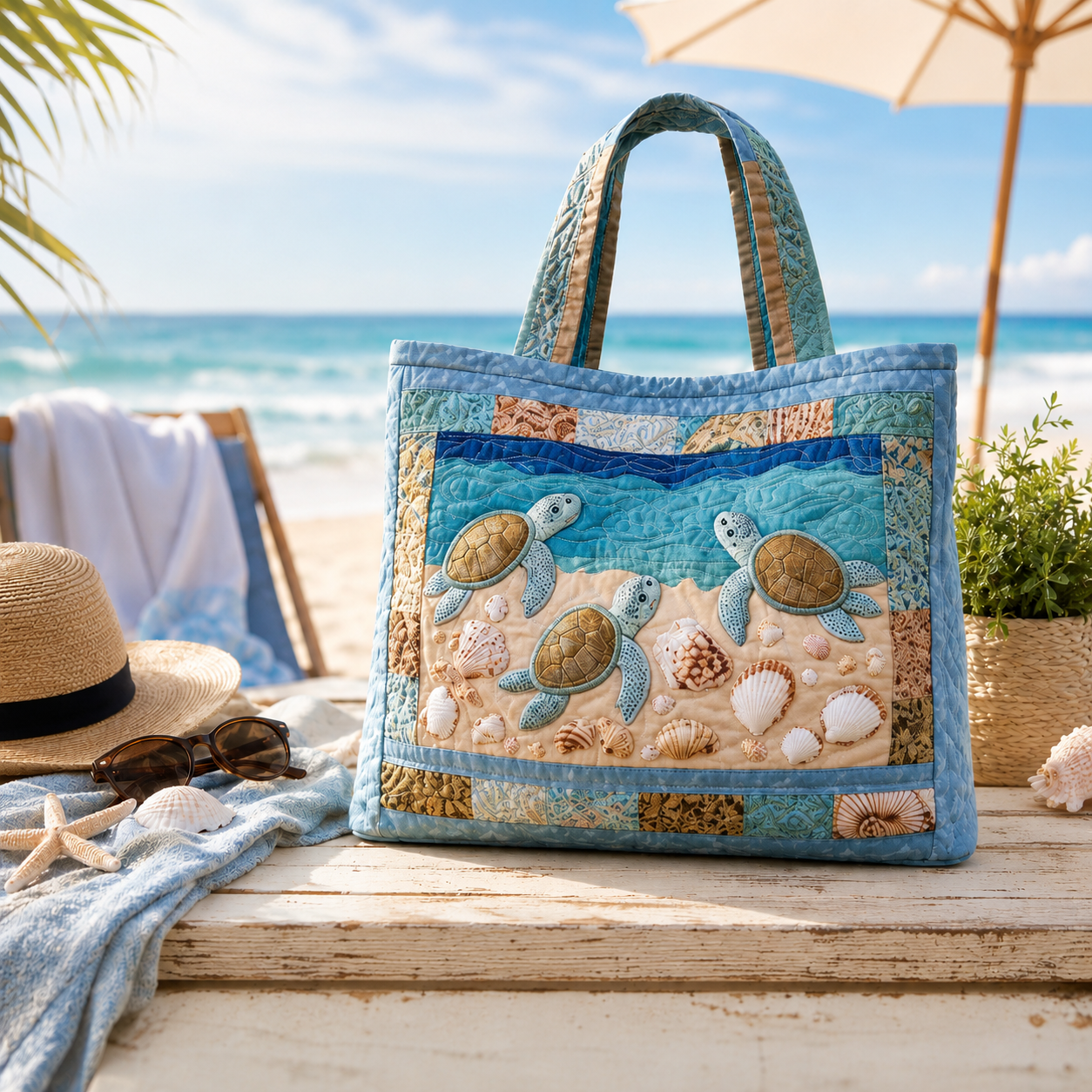 Ocean Turtle Quilted Tote Bag🌊🐢🐚