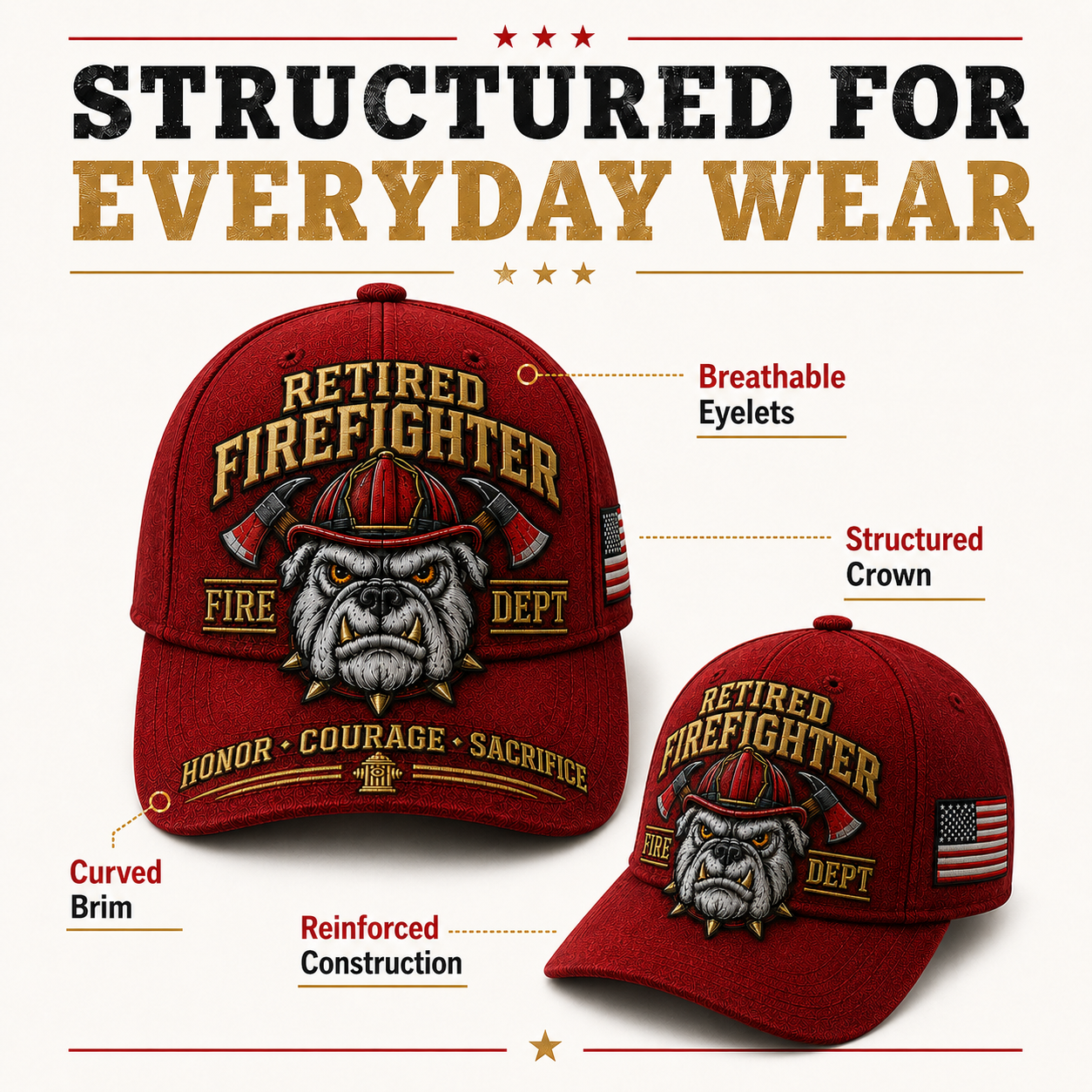 🚒 Honor • Courage • Sacrifice • Eternal Tribute🐶 Retired Firefighter Firehouse Bulldog Commemorative Hat