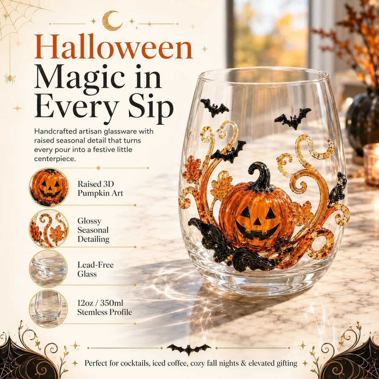 🎃 3D Halloween Glassware Collection | For Magical Halloween Sips, Eye-Catching 3D Details, Luminous Festive Party Moments & Cozy Fall Home Bar Glow