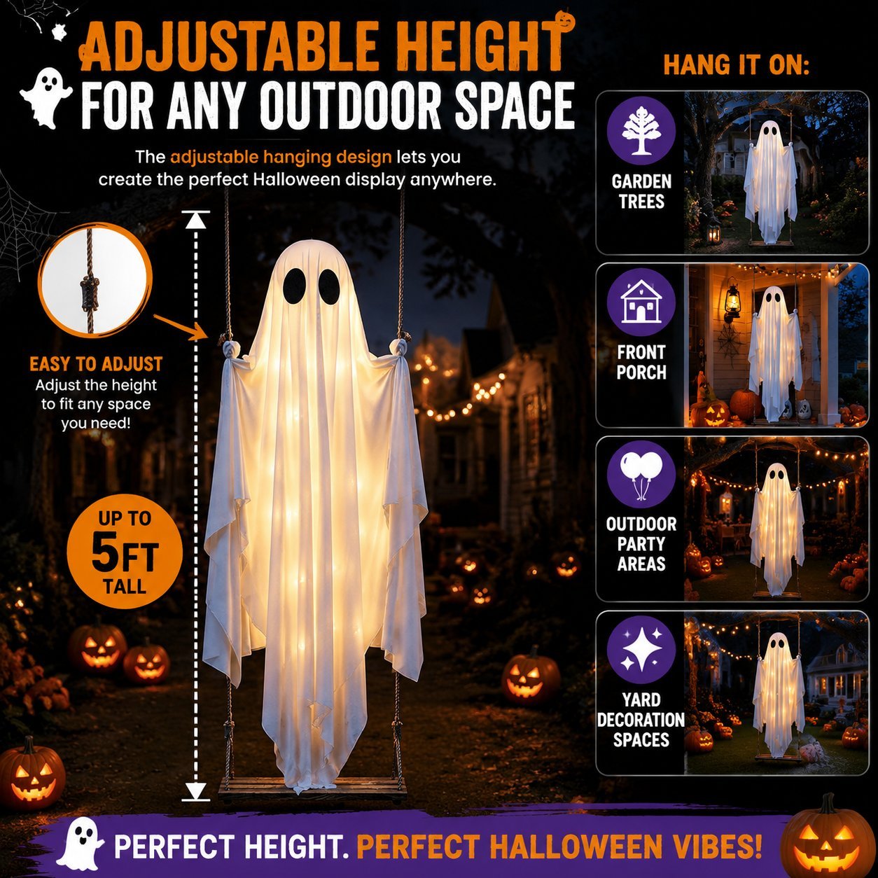 🔥Halloween Decorations Outdoor Hanging Swing Ghost Halloween Decor with String Lights, Spooky Cute Ghosts Decorations for Front Porch Yard Tree