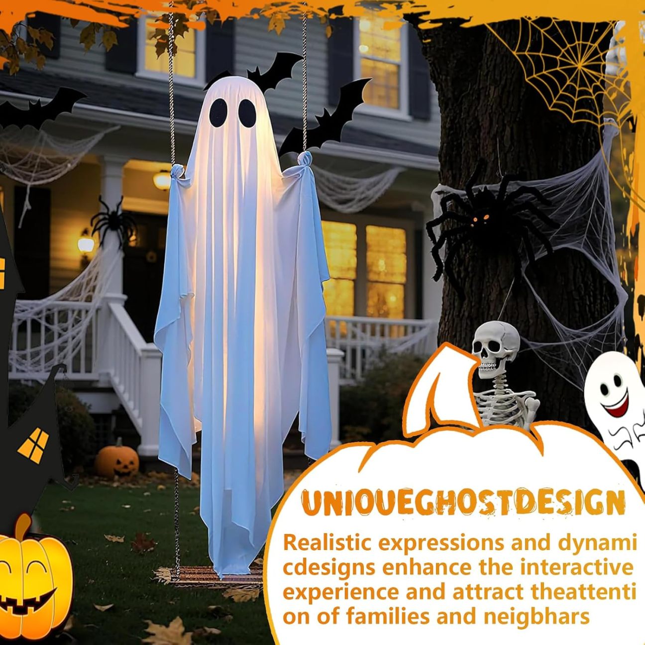 🔥Halloween Decorations Outdoor Hanging Swing Ghost Halloween Decor with String Lights, Spooky Cute Ghosts Decorations for Front Porch Yard Tree