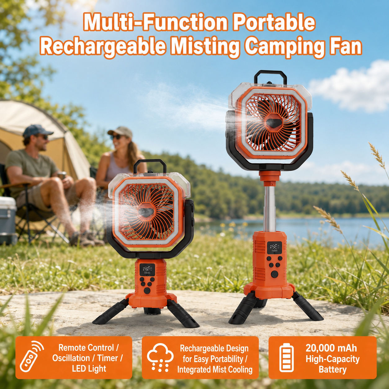 Portable Cordless Misting Fan with Digital Display, 20,000mAh Rechargeable Battery, Telescopic Tripod Stand for Camping & Outdoor Use