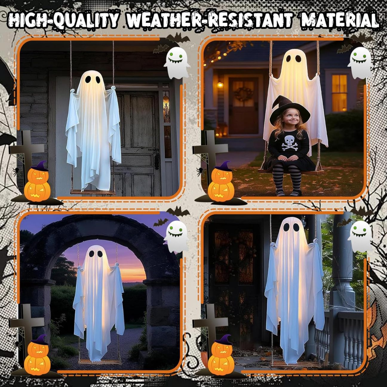 🔥Halloween Decorations Outdoor Hanging Swing Ghost Halloween Decor with String Lights, Spooky Cute Ghosts Decorations for Front Porch Yard Tree