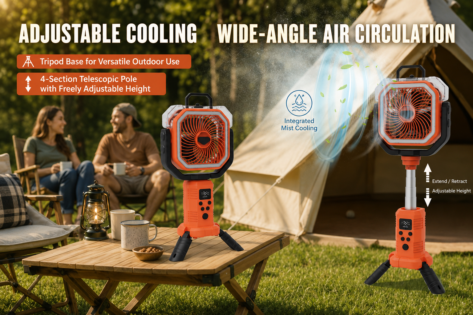 Portable Cordless Misting Fan with Digital Display, 20,000mAh Rechargeable Battery, Telescopic Tripod Stand for Camping & Outdoor Use