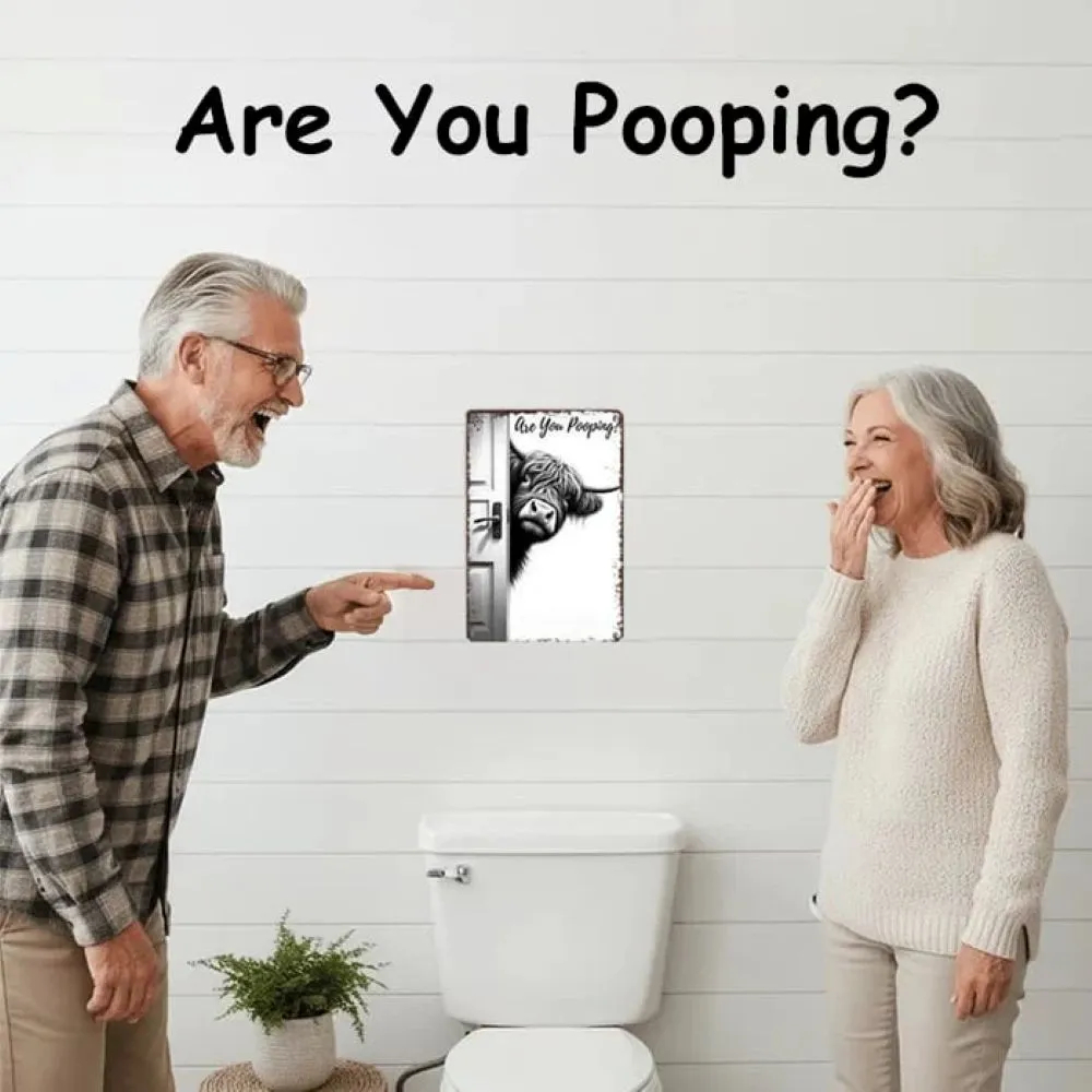 Vintage Highland Cow Metal Sign – Funny "Are You Pooping?" Wall Decor