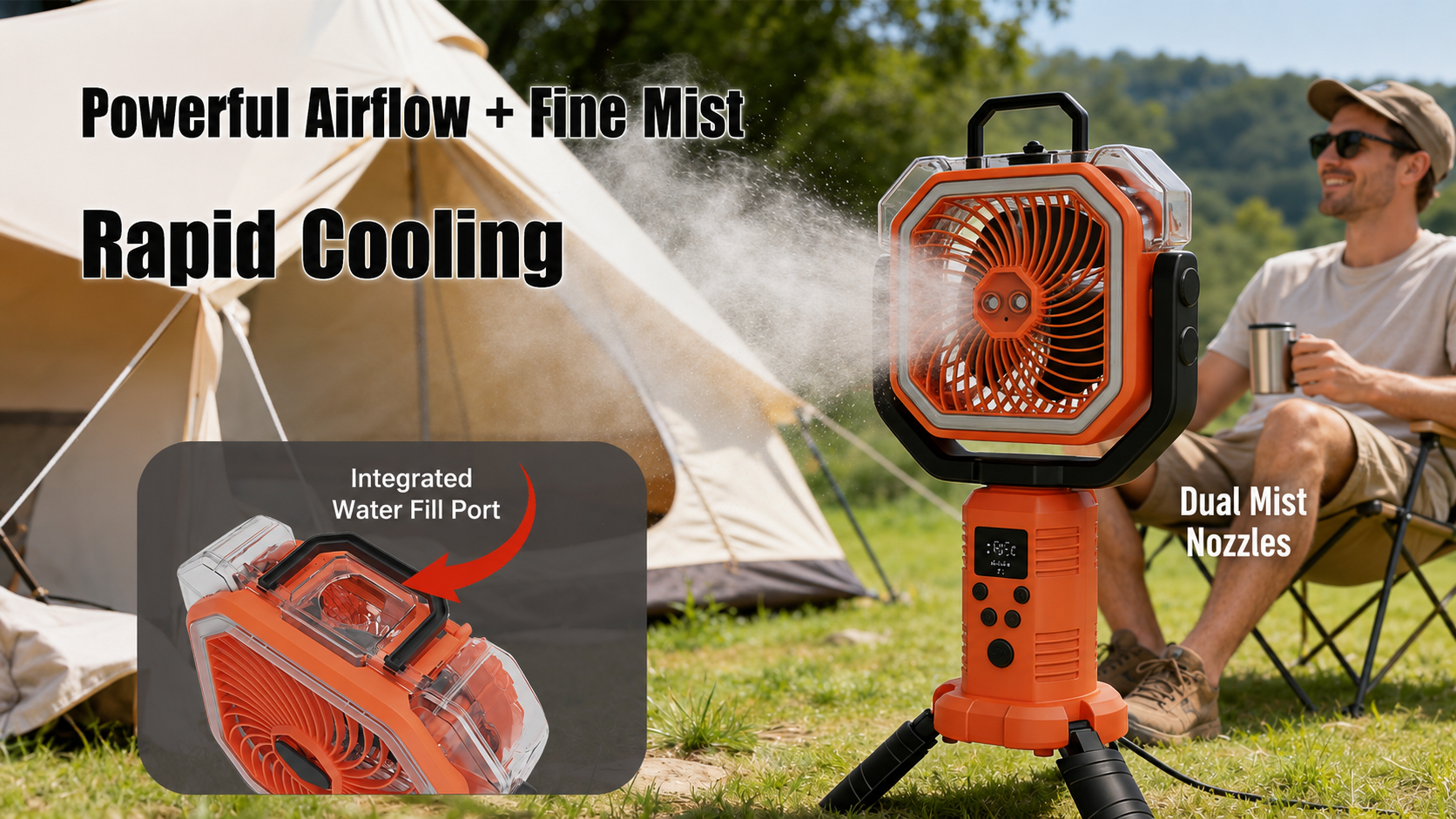 Portable Cordless Misting Fan with Digital Display, 20,000mAh Rechargeable Battery, Telescopic Tripod Stand for Camping & Outdoor Use