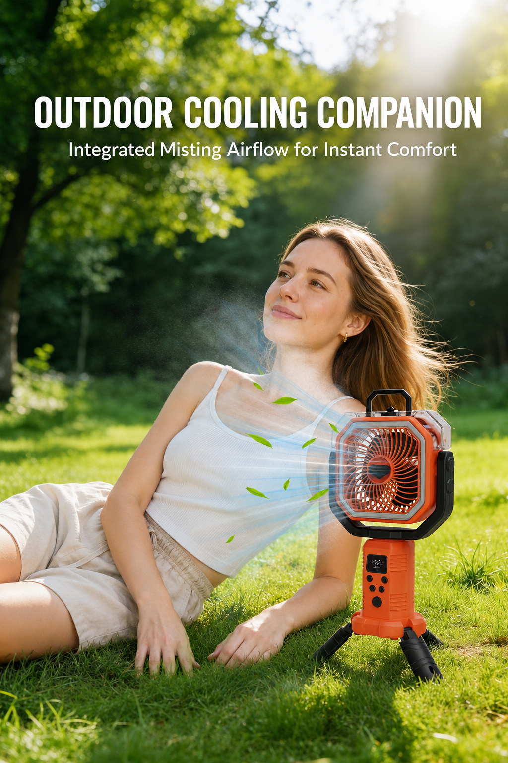 Portable Cordless Misting Fan with Digital Display, 20,000mAh Rechargeable Battery, Telescopic Tripod Stand for Camping & Outdoor Use