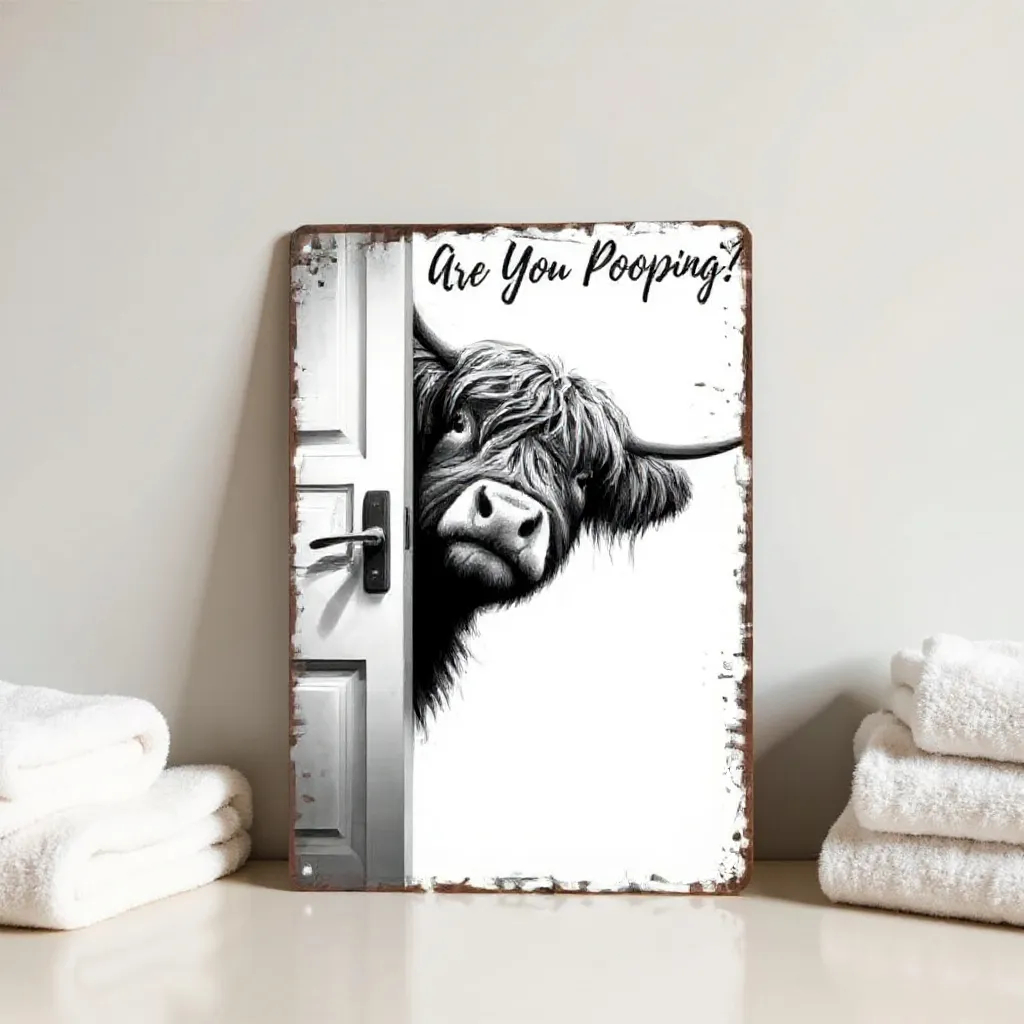 Vintage Highland Cow Metal Sign – Funny "Are You Pooping?" Wall Decor