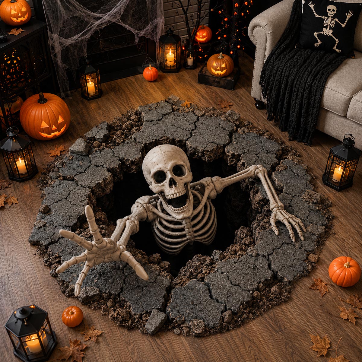 3D Skeleton Vortex Quilted Round Halloween Rug