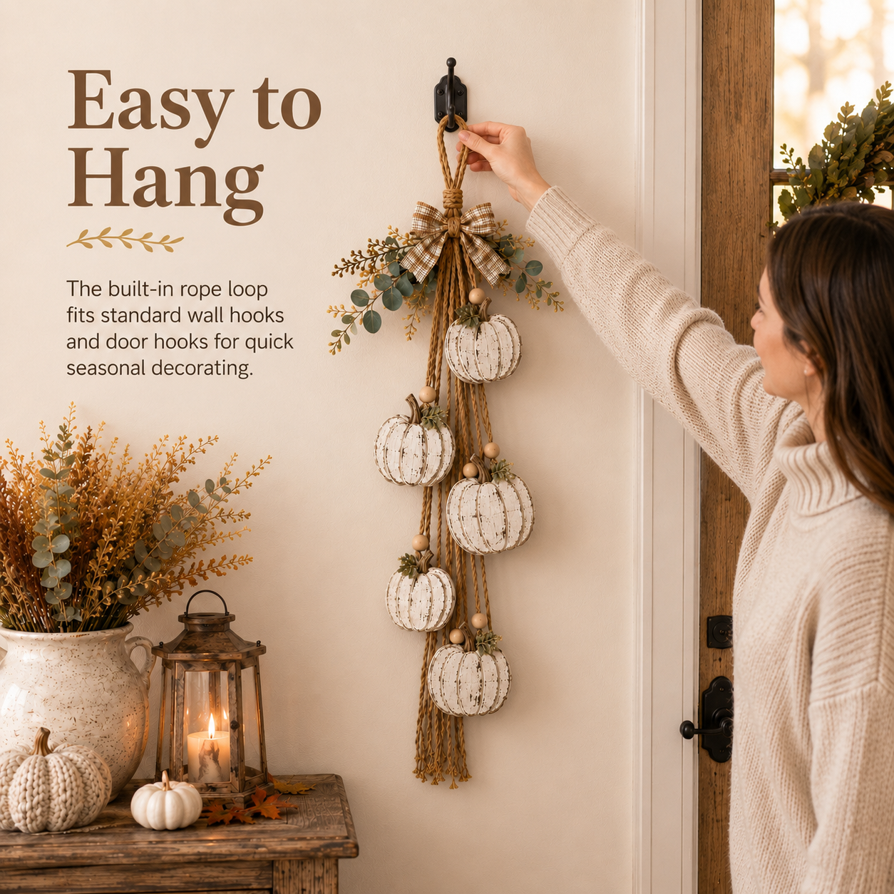5-Pumpkin Rustic White Hanging Swag – Fall Door & Wall Decor