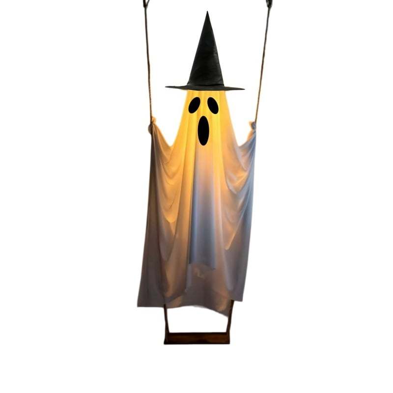🔥Halloween Decorations Outdoor Hanging Swing Ghost Halloween Decor with String Lights, Spooky Cute Ghosts Decorations for Front Porch Yard Tree