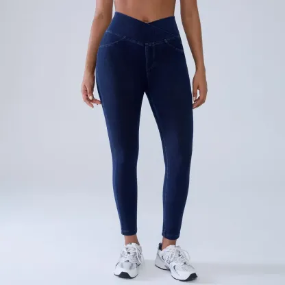 Women's High-Waisted Stretch Jeans with Crossover Design — Slim-Fit Flared Denim Leggings
