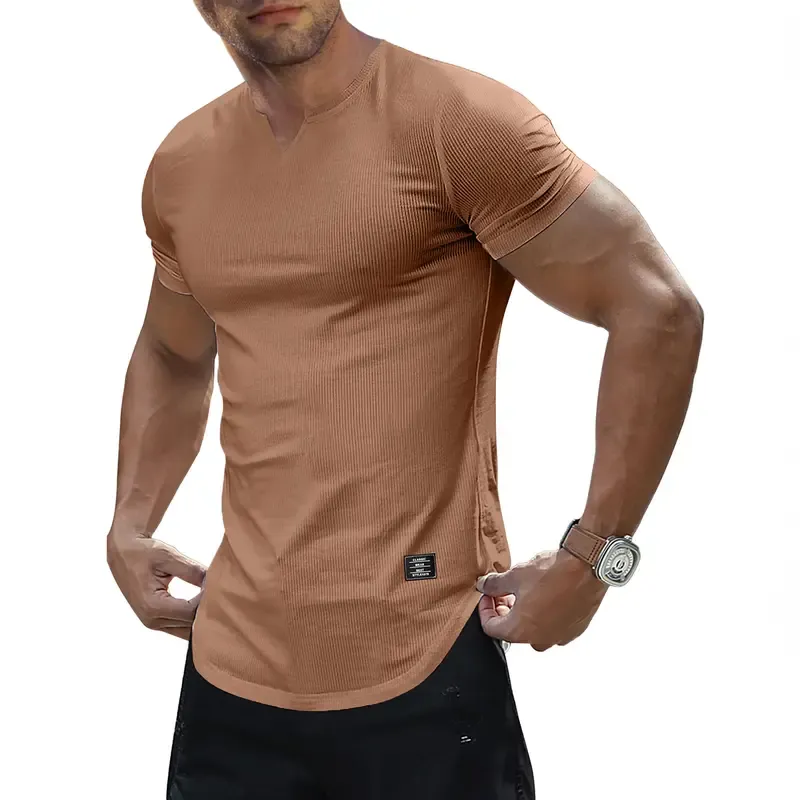 Men's Plain Muscle Slim Fitted T Shirt Polyester V-Neck Longline Shirt Gym Workout Athletic Tee Shirts Menswear Casual Tops,Short Sleeve T-Shirt for Daily Outdoor Wear,Men's Streetwear Outfits