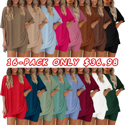 Women's summer two-piece casual loose round neck blouse with slit hem and cycling shorts with side pockets. Simple loungewear, soft viscose fabric, comfortable and warm.
