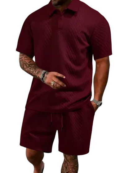 Men's Summer Casual Textured Polo Shirt and Shorts Two-Piece Set