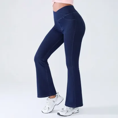 Women's High-Waisted Stretch Jeans with Crossover Design — Slim-Fit Flared Denim Leggings