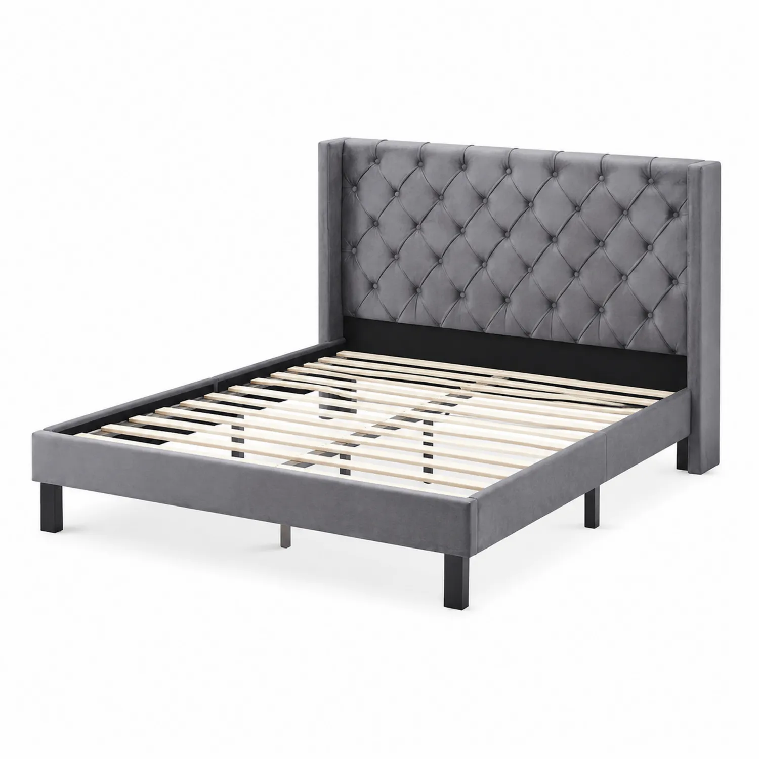 Letto matrimoniale in legno e velluto Grigio