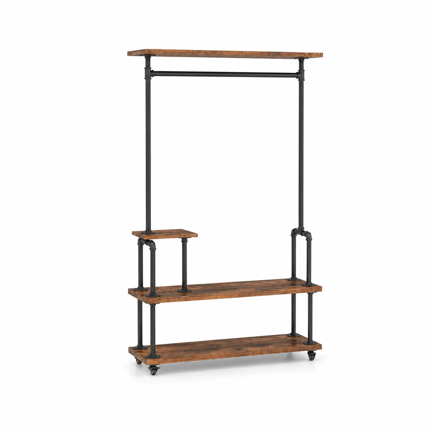 Stand appendiabiti in legno di pino e metallo nero con ruote