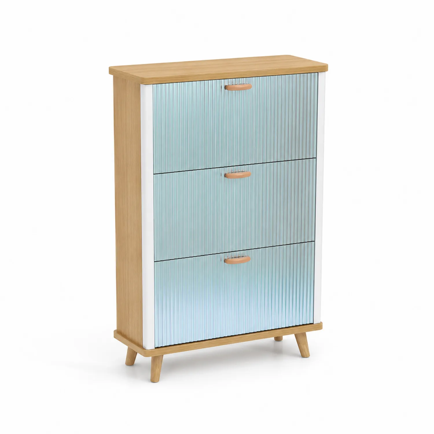 Scarpiera a tre scomparti in legno e vetro ondulato blu chiaro