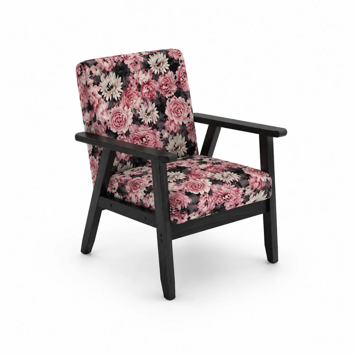 Poltrona in tessuto floreale con struttura in legno