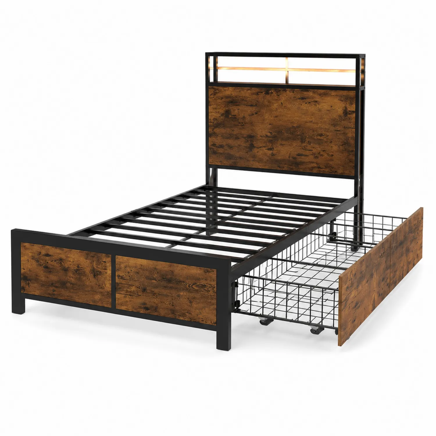 Letto singolo in metallo e legno marrone scuro con cassetto