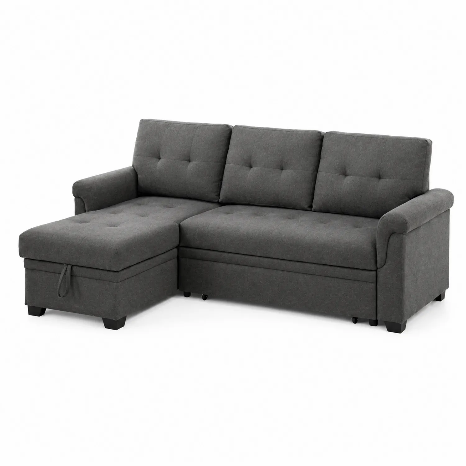 Divano angolare in tessuto con contenitore e chaise longue reversibile in grigio